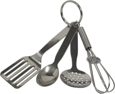 R&M International Mini 3.5" Kitchen Tool Set with Keychain, Includes Whisk, Spatula, Spoon, and Skimmer,Silver...