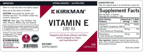 Kirkman Vitamin E 100 IU - Hypoallergenic || 100 Vegetarian Capsules || Supports Immune System || Gluten Free || Casein Free || Soy-Free...