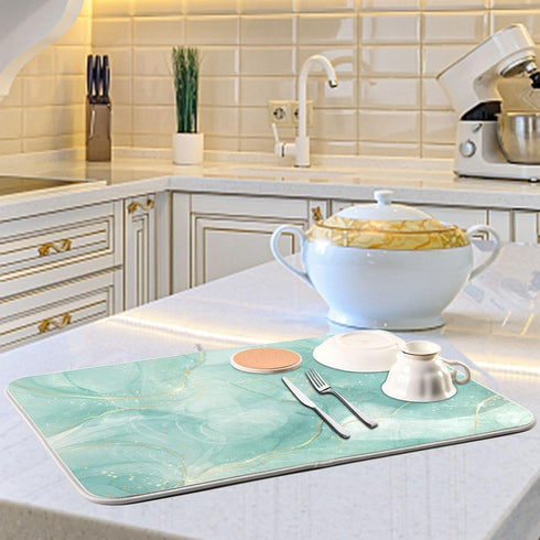 Dish Drying Mats for Kitchen Counter Green Turquoise Microfiber Drying Matt for Countertop Sink Dishes Medium 18 x 16 Inches...