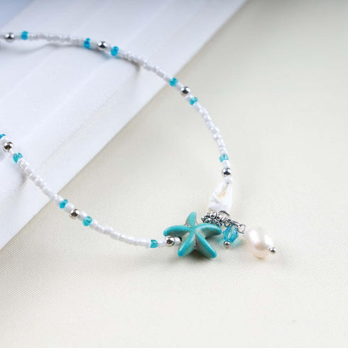 Boho Starfish Beaded Anklet Bracelets White Beads Anklet Beach Beaded Ankle Bracelet Summer Blue Starfish Foot Chain Jewelry for Women...