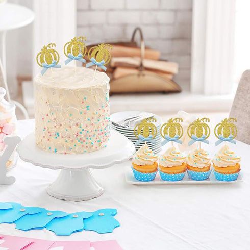 24pcs Pumpkin Cupcake Toppers, Fall Theme Cake Decoration for Baby Shower Party Supplies (Blue Bow)...