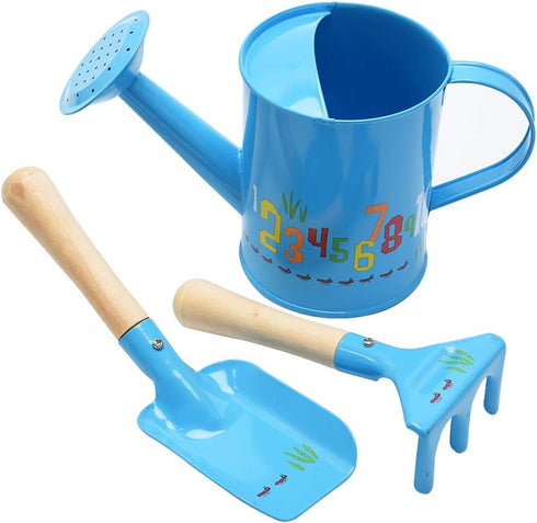 Sungmor Small Watering Can Set Cute Little Gardener Kit | Package includes 3PC Blue Number Watering Can & Trowel & Rake Gardening Hand Tools | Per...