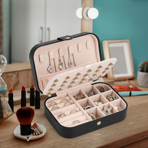 Small Jewelry Box Necklace Ring Storage Organizer Mini Jewelry case Double Layer Travel Jewelry Organizer for Women Girls Gift/Black...
