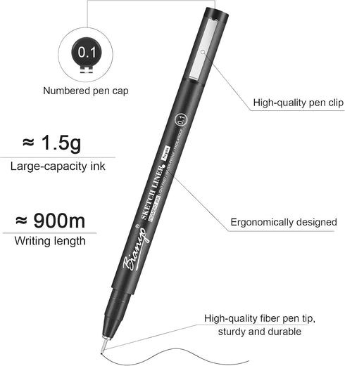 Bianyo Black Art Pen Set - 12 Assorted Sizes Fine Line Drawing, Upgraded Pigment Ink, Water-Resistant Archival Pens for Artists, Crafters, and Jou...