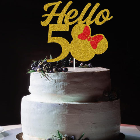 Mouse Inspired Hello 50 Cake Topper for 50th Birthday/Wedding Anniversary Party Decorations Supplies Gold and Red Glitter...