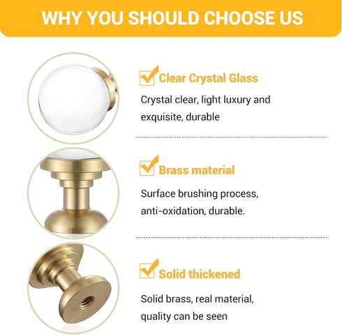5-Pack Cabinet Crystal Knobs Solid Brass Base, Drawer Round beacon Spherical Gold Knobs, 1-Inch Diameter, Modern Kitchen Cabinet Knobs Brushed Bra...