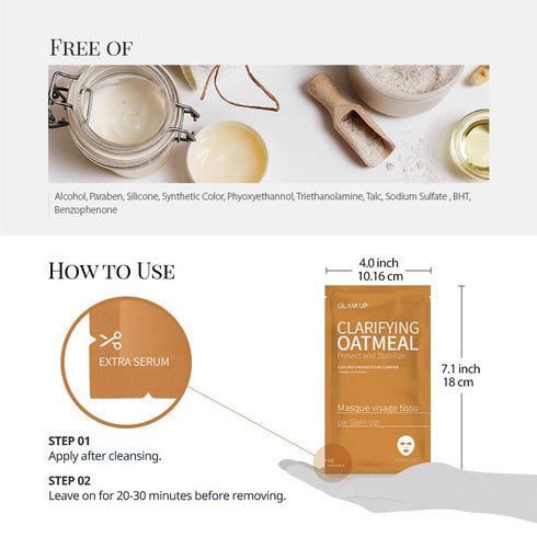 GLAM UP Sheet Mask Clarifying Oatmeal (10 sheets) - Smooths Skin Texture...