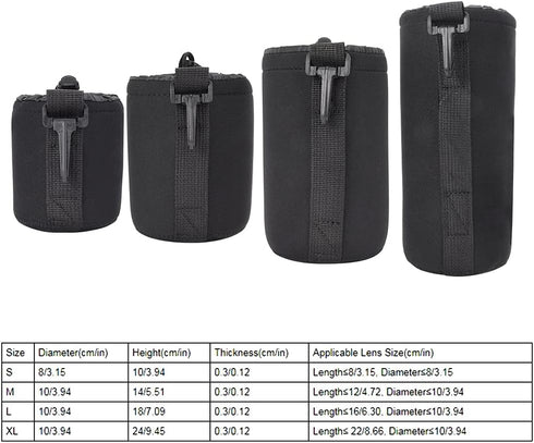 Lens Pouch Set, 4PCS S M L XL Camera Storage Bags Portable Neoprene Black Elastic Shock Absorption DSLR Cover Pouch Protective Cases Thick Large P...
