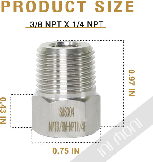 stainless steel reducer Hex bushing, 3/8 male to 1/4 female NPT thread reducing adapter for water line gas oil air hose fuel hydraulic pipe fittin...