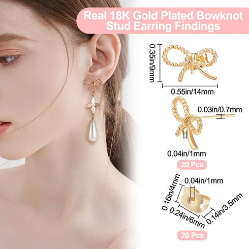 Beebeecraft 1 Box 20Pcs Bowknot Earring Stud Findings 18K Gold Plated Twist Rope Earring Posts with Loops Earring Component and 20Pcs Butterfly Ea...