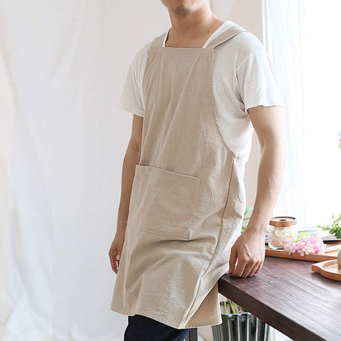 NEWGEM Japanese Linen Cross Back Kitchen Cooking Aprons for Men with Pockets for Baking Painting Gardening Cleaning Khaki...