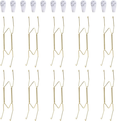 10 Piece Plate Hangers, 10 Inch Invisible Brass Wall Plate Hangers, Comes with 12 Piece Wall Hooks for Decorative Plates...