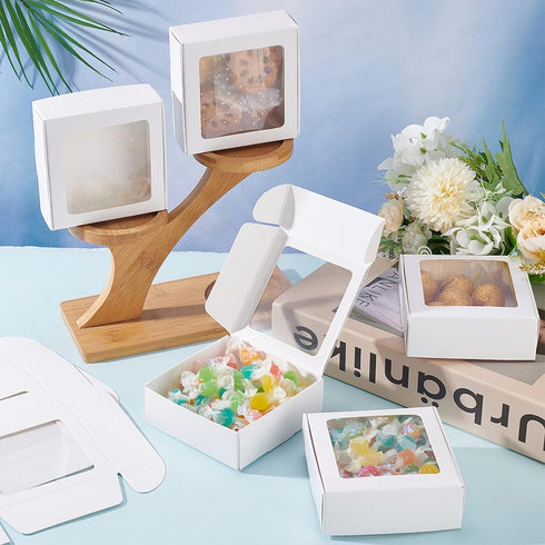 BENECREAT 20 Pack White Kraft Paper Boxes with Clear Window 3.6x3.6x1.4 Gift Packaging Boxes for Bakery Cookies Cake Candy Wedding Party, Mother's...