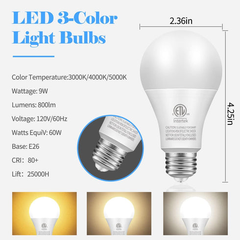 A19 3-Color LED Light Bulbs with Soft Warm, Warm White and Daylight, Color Changing Light Bulb, Multicolor Light Bulb, 9W(60 Watt Equivalent,), 80...
