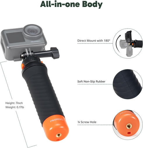 AKASO Waterproof Floating Hand Grip Compatible with AKASO Action Camera EK7000/Brave 4/Brave 7 LE/Brave 7/Gopro Hero12/11/10/ 9/Max/DJI Osmo Actio...