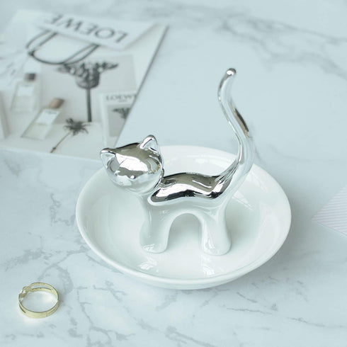 Lependor Cute Animals Cat Ring Holder Ring Dish Jewelry Holder Rings Bracelets Earrings Trinket Tray for Women Girls Birthday Gift - Silver Cat...