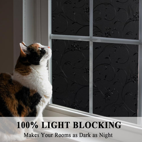 Mikomer Total Blackout Window Film,100% Light Blocking Privacy Glass Door Film Etched Flowers,Room Darkening Window Cling,No Glue/Heat Control/Ant...