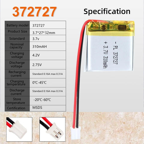 3.7V 310mAh 372727 Lipo Battery Rechargeable Lithium Polymer ion Battery Pack PH2.0mm with JST Connector...