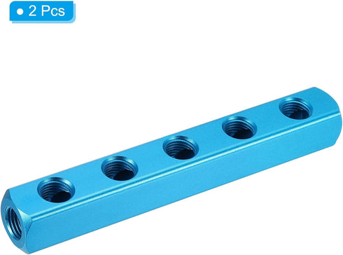 PATIKIL 5 Way 8 Port Air Manifold, 2 Pack G1/4 Inch Aluminum Air Hose Inline Manifold Block Splitter Pneumatic Air Hose Fitting, Blue...