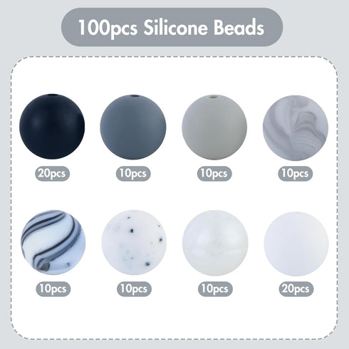 100pcs 15mm Silicone Beads,Bulk Rubber Beads for Keychain Making,Beads for Pen Bracelet Lanyard Making DIY kit (Achromatic)...