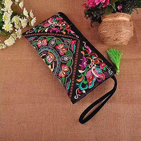Floral Embroidered Boho Wristlet Women Girls Evening Clutch Bags Handbags Handmade Beach Bag With Lanyard...