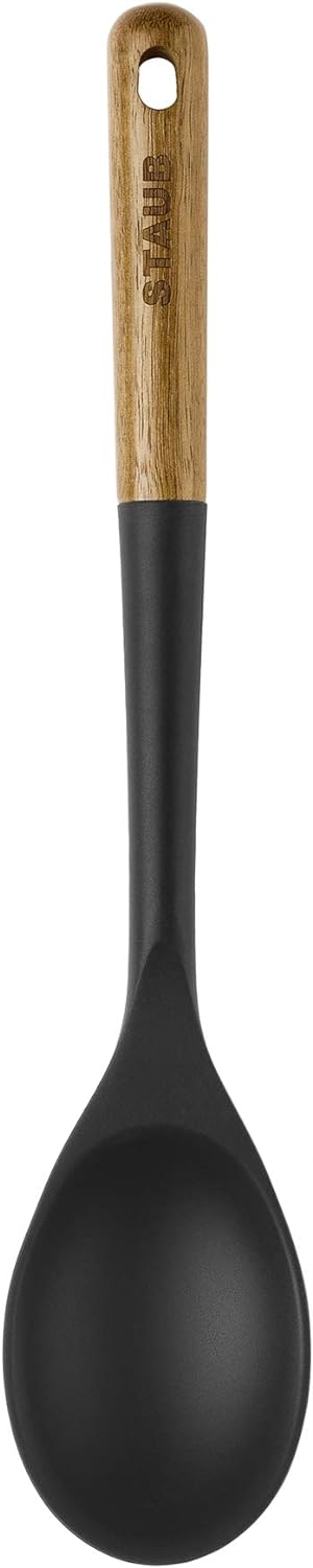 STAUB Serving Spoon, Great for Scooping Sides and Serving Hearty Stews, Durable BPA-Free Matte Black Silicone, Acacia Wood Handles, Safe for Nonst...