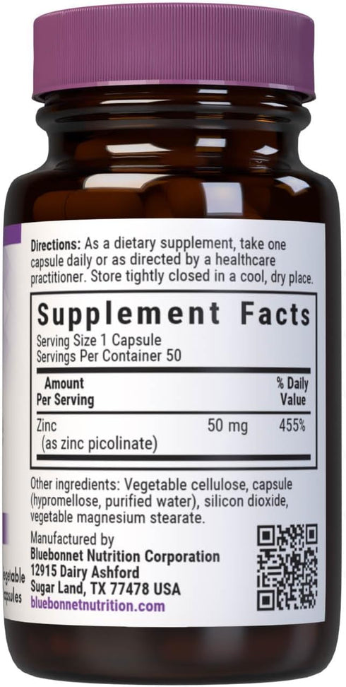 Bluebonnet Nutrition Zinc Picolinate, Hormonal & Immune, Prostate Health, Skin, Vegan, Non GMO, Gluten, Soy & Milk Free, Kosher, White, 50 Count...