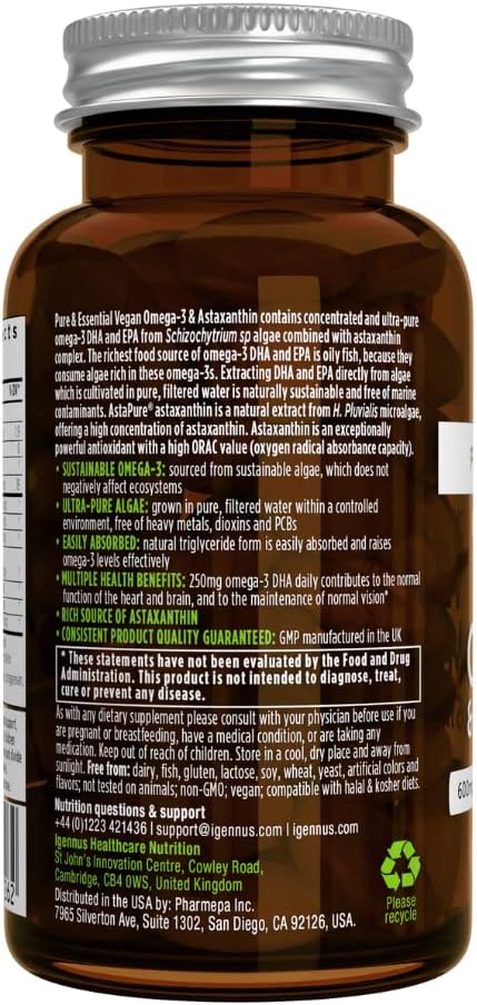 Pure & Essential Vegan Omega 3 & Astaxanthin, High Concentration EPA DHA Algae Oil, Non-GMO, Sustainable & Pure, 600mg DHA & EPA for Heart, Brain ...