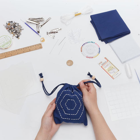 FREEBLOSS 4 Set Sashiko Drawstring Bag Kit Sashiko Embroidery Kit for Beginners Full Embroidery Kit includes Sashiko Thread, Needles, Fabric, Thim...