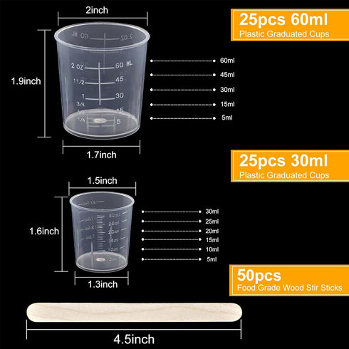 Coopay 50 Pack 60ml/2oz and 30ml/1oz Plastic Graduated Cups Transparent Scale Clear Epoxy Mixing Cup with 50 Pack Wooden Stirring Sticks for Resin...