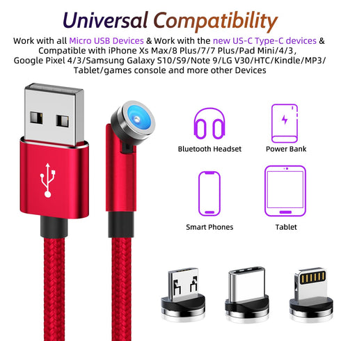 540° Rotating Magnetic Charging Cable (Red 4-Pack 3/3/6/6ft) 3 in 1 USB C Magnetic Phone Charger Cable 2.4A Fast Charge Cord for iPhone Samsung Mo...