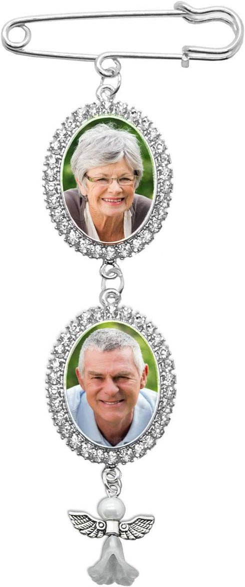 Wedding Bouquet Photo Charm Rhinestone Angel Pin Brooch Boutonniere Double Frame for Wedding Shower Bride...