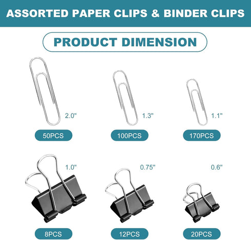 Binder Clips Paper Clips, 360 Pcs Binders & Paperclips Assorted Sizes with Container, Silver Paper Clips & Black Binder Clips Office Supplies, Pap...