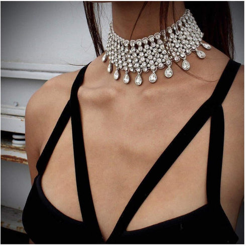 Sexy Shining Crystal Full Rhinestone Choker Necklace Water Drop Pendant Necklace Statement Necklaces Wide Collar Necklaces for Lady Party Jewelry ...