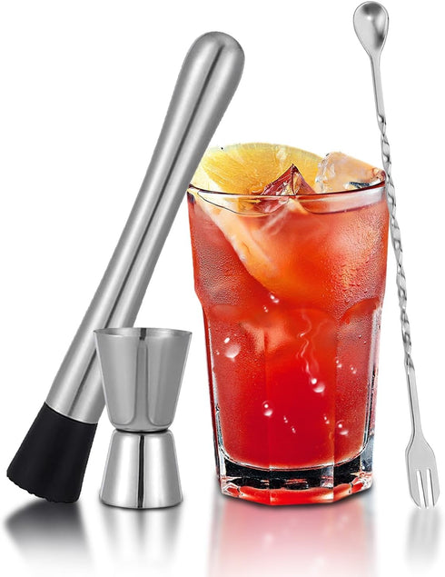 Muddler for Cocktails, 10'' Cocktail Muddler for Cocktails with Cocktail Spoon Long Handle and Jigger 0.5/1 OZ, Bar Accessories Tools for Mojitos ...