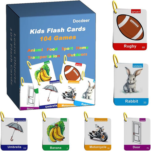 104 Kids & Toddler Flash Cards - 208 Sides - Learn Objects & Play Games Flashcards - Food Animal Toddler Learning Educational Toys Flash Cards 2 3...