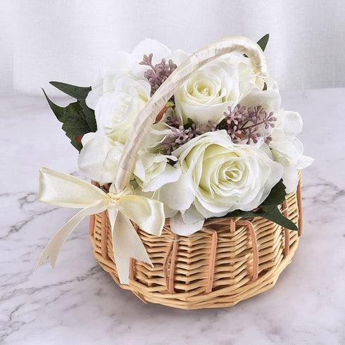 Wicker Rattan Flower Basket,Wedding Flower Girl Basket Hand Woven Flower Basket Decoration,Candy Storage Basket Home Decoration(L,white)...