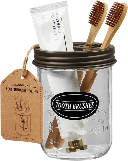 Mason Jar Toothbrush Holder -Bronze - with 16 Ounce Mason Jar,Premium Rustproof 304 Stainless Steel Lid and Chalkboard Labels - Rustic Farmhouse D...