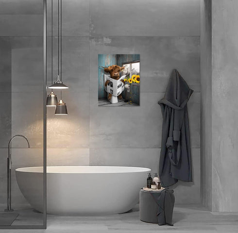 RAMEFLAO Highland Cow Bathroom Decor Funny Bathroom Wall Art Farmhouse Cow In The Toilet Picture Rustic Cow Bathroom Canvas Painting Home Wall Dec...