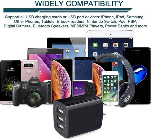 AILKIN 3 USB Wall Charger, Triple Charger Adapter, Fast Charging Block Home Charger Station Block Cube Plug for iPhone, Samsung Galaxy, LG, Motoro...
