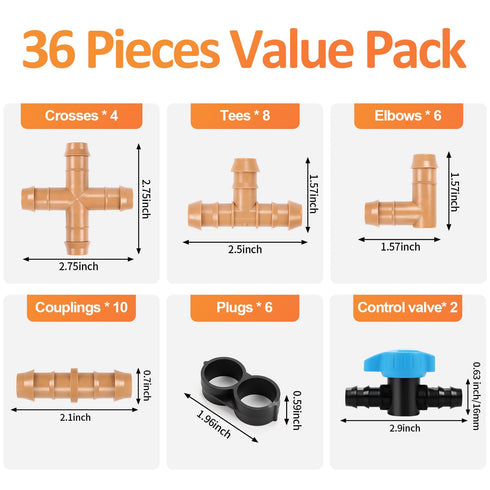 36 Pieces 1/2 Inch Drip Irrigation Fittings, 1/2 Inch Drip Tubing Connectors Includes 10 Couplings 8 Tees 6 Elbows 6 Plugs 4 Crosses 2 Shut Off Va...