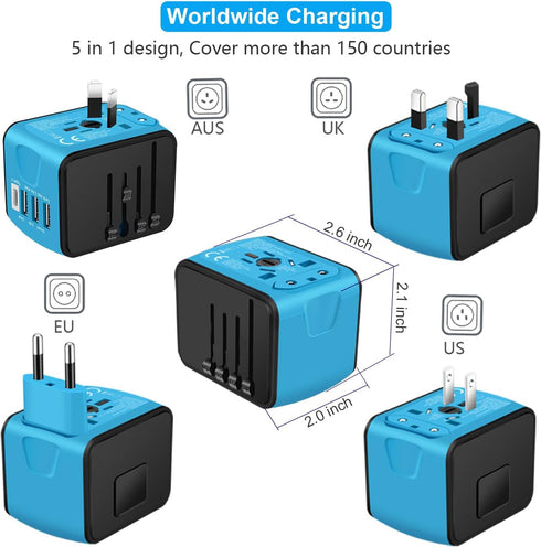 Travel Adapter Worldwide, Universal International Power Plug Adapter W/2.4A 3xUSB-A and 3.0A Type-C Wall Charger, European Travel Plug Adapter for...
