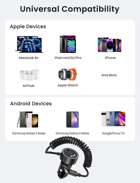 60W Car Charger USB C,toocki 3-Port Cigarette Lighter USB Charger PD & QC3.0 with 30W Type C Coiled Cable,Fast Car Charger Adapter for iPhone 15/P...