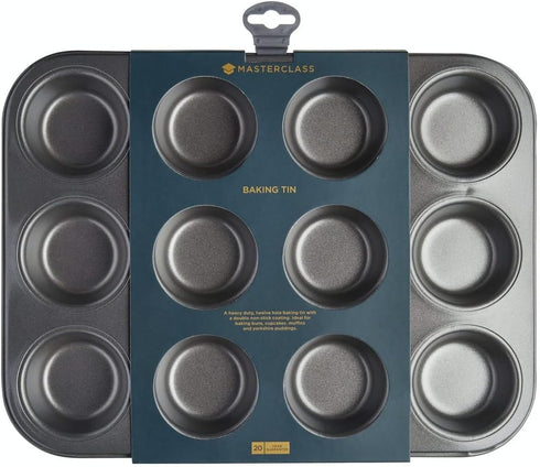 Masterclass Heavy Duty 12 Hole Cupcake Baking Tray Tin Pan with Double Layer Non-Stick Coating | Ideal for Baking Buns, Cupcakes, Yorkshire Puddin...
