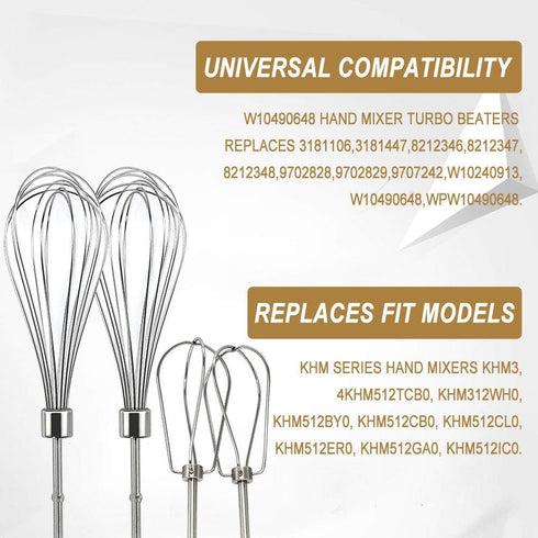 Cenipar W10490648&KHMPW- KHM2B W10490648 Hand Mixer Turbo Beaters(2 Pack) & KHMPW Stainless Steel Pro Whisk(2 Pack) Fit for KHM512BM KHMPW KHM2B...
