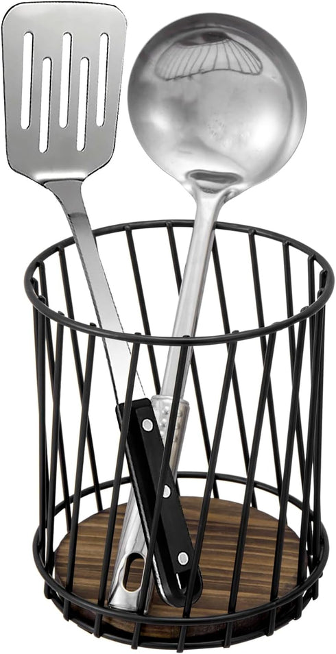 MyGift Modern Wire Utensil Holder, Decorative Matte Black Metal Kitchen Utensils Crock with Rustic Burnt Solid Wood Base, Countertop Round Basket ...