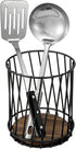 MyGift Modern Wire Utensil Holder, Decorative Matte Black Metal Kitchen Utensils Crock with Rustic Burnt Solid Wood Base, Countertop Round Basket ...