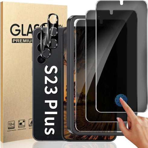 3+2 Pack Privacy Screen Protector And Camera Lens Protection for Galaxy S23 Plus 5G, Anti-Spy 9H Hardness Support Fingerprint Unlock Tempered Glas...