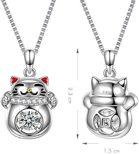 Lucky Fortune Cat Pendant Necklaces for Women Girls Sterling Silver Dancing Crystal Cubic Zirconia Choker Chains Necklace 18 Inch Chain Dainty Jew...