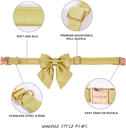 Unique style paws Silk Yellow Color Dog Collar Adjustable Durable Dog Collar with Bow Wedding Bow tie Dog Collar for Medium Dogs...